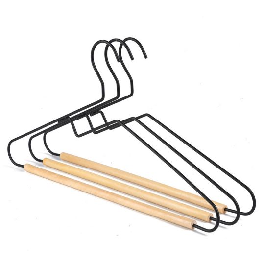 New design custom metal coat clothing type wire hanger with wooden bar